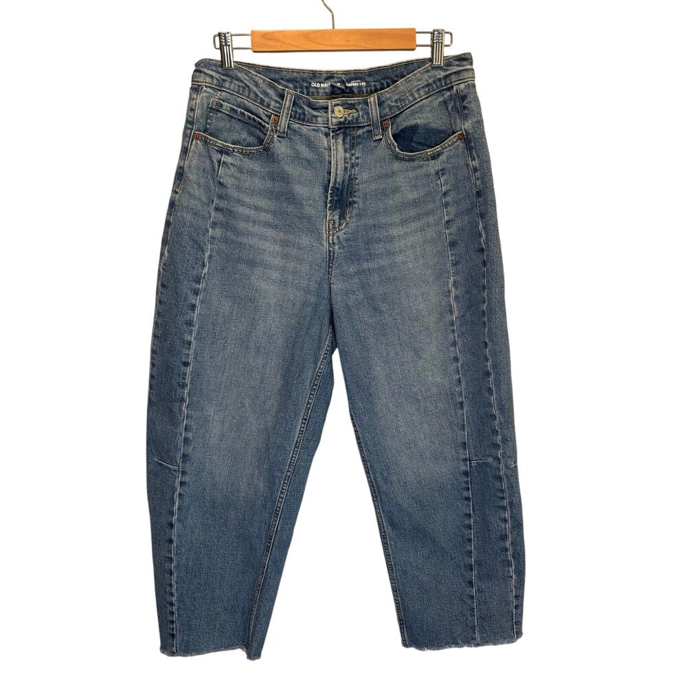 Old Navy Medium Wash High Rise Barrel Leg Raw Hem Jeans - size 12